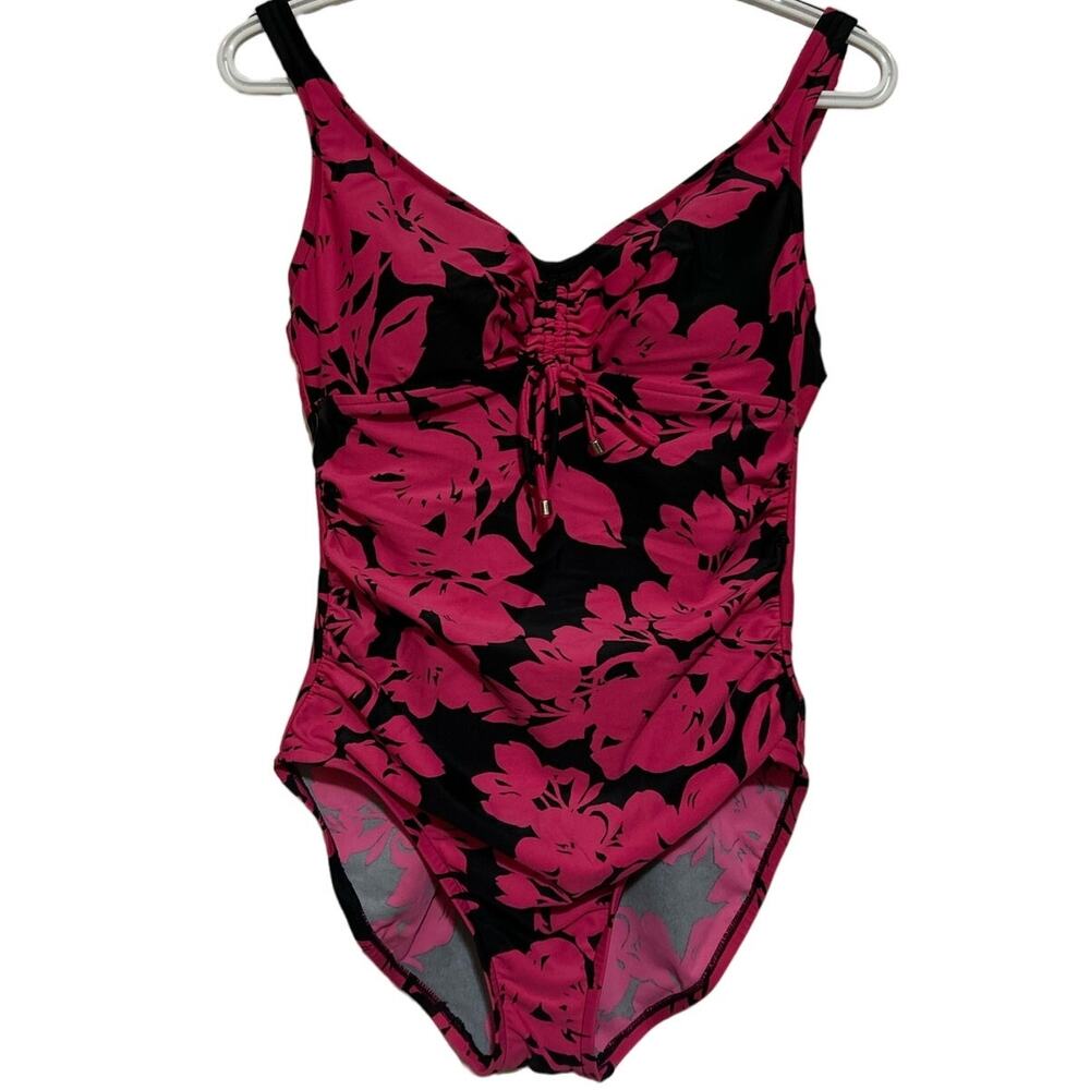 Aqua Green Women's Cutout Black Pink Floral One-Piece Swimwear Size M